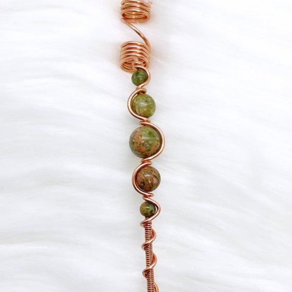 Wrapped Unakite Loc Jewel |Hair Braid Jewelry, Copper Hair Coil, Dreadlock Jewelry, Hair Twist, Hippie Boho Hair Jewelry, Witchy Accessories