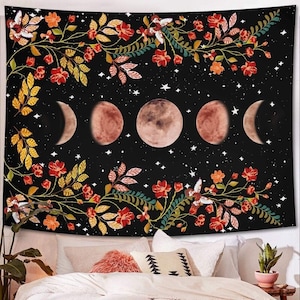 Floral Moon Phase Tapestry | Boho Home Aesthetic, Hippie Bohemian Tapestries, Moon Lover Gift, Moon Flower, Moon Wall Hanging, Witchy Things