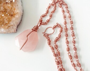 Rose Quartz Pendant w/ Handmade Copper Chain Necklace | Gift For Her, Christmas Gift Idea, Copper Jewelry, Healing Crystals, Divine Feminine