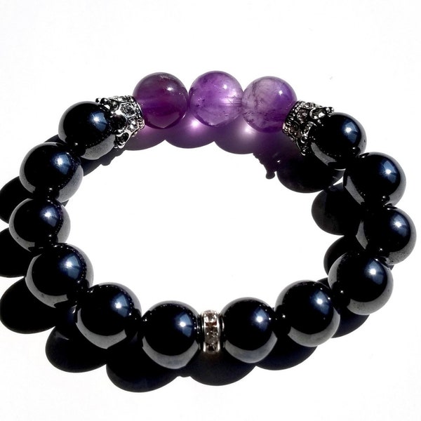 Hematite & Amethyst Unisex Beaded Bracelet | Grounding, Protective, Focus, Gift Ideas, Healing Crystals, Witchy Things