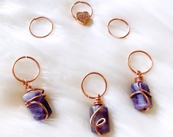 6 Piece Amethyst Hair Ring Set | Dreadlock Rings, Braid Jewelry, Loc Jewels, Boho Hair Accessories, Witchy Things, Dread Charms