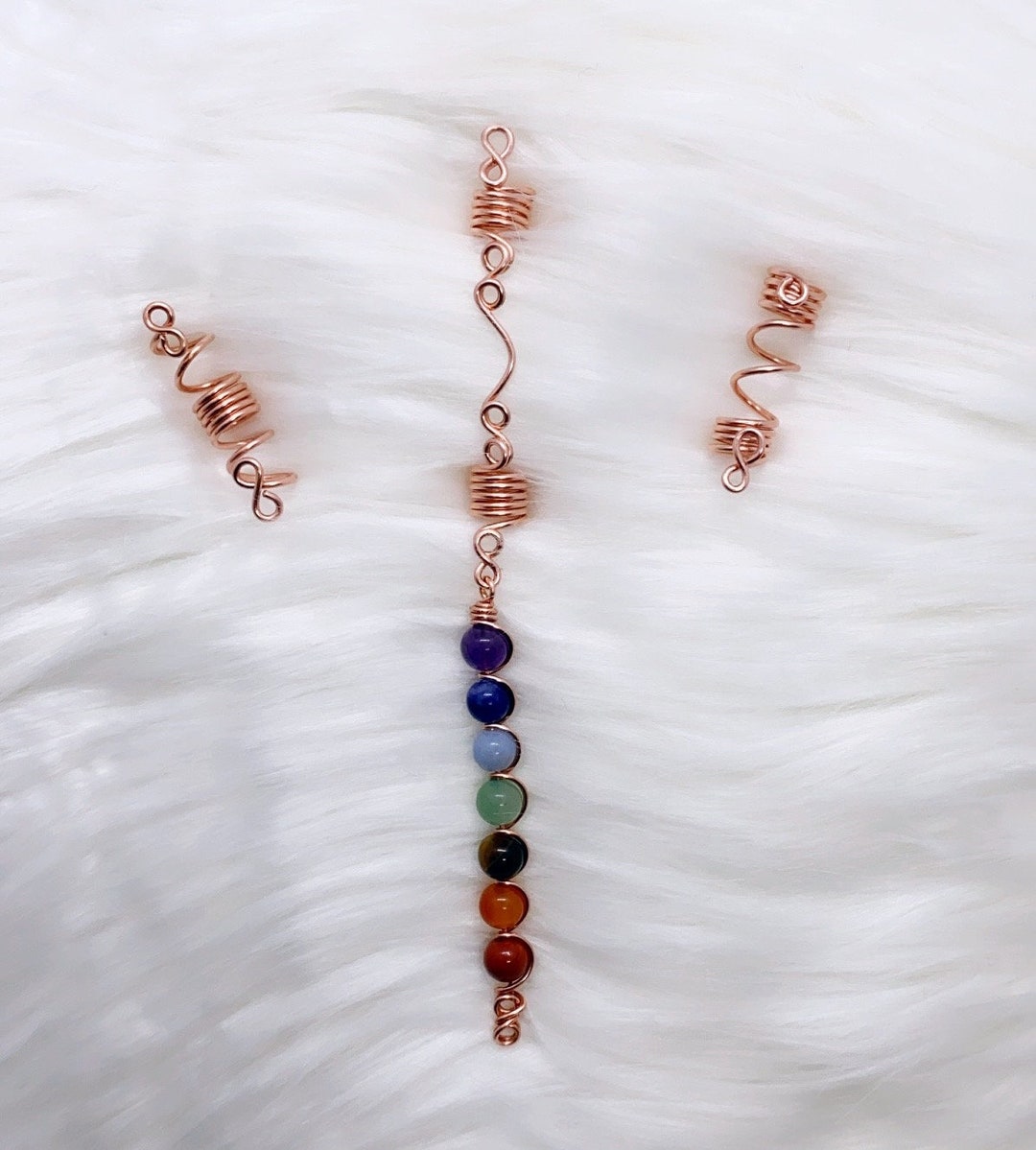 3 Piece 7 Chakra Loc Jewelry Set Copper Hair Coils, Hair Braid Jewelry