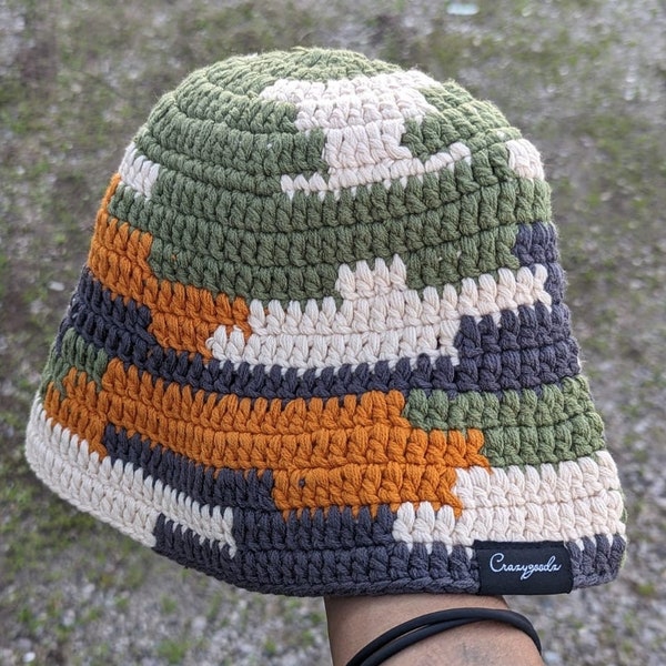 Crochet Camo Bucket Hat - Handmade Knitted Cap - Camoflauge  one size fits all