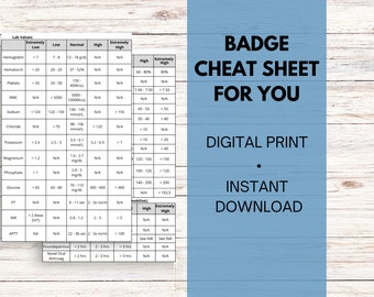 May include: A blue and white printable badge cheat sheet with the text "BADGE CHEAT SHEET FOR YOU" and "DIGITAL PRINT INSTANT DOWNLOAD". The cheat sheet includes a table with lab values, normal ranges, and high and extremely high values.