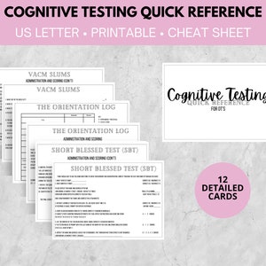 May include: A set of 12 printable cognitive testing cheat sheets. The cheat sheets are black and white and include the titles "VACM Slums", "The Orientation Log", and "Short Blessed Test (SBT)".