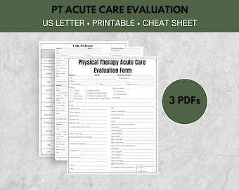May include: Black and white printable physical therapy acute care evaluation form. The form includes sections for lab values, activity orders, precautions, and a physical assessment. The form is designed for use in a US letter size format.