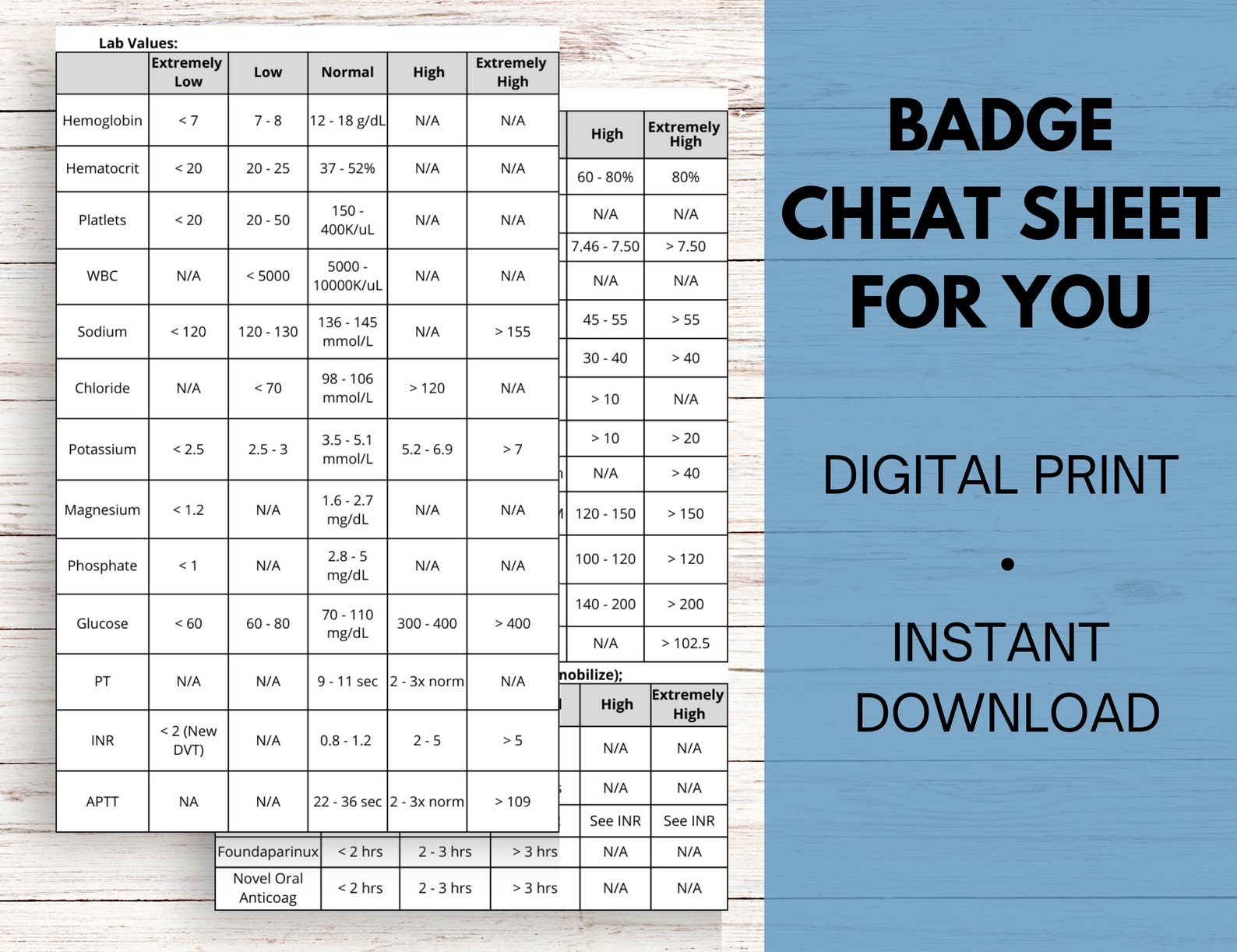 OT/PT Lab Value Cheat Sheet / Lab Values Badge Card / Vital - Etsy