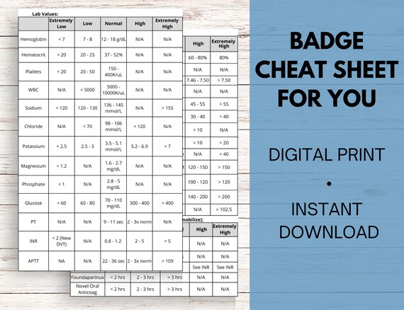 OT/PT Lab Value Cheat Sheet / Lab Values Badge Card / Vital - Etsy