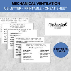 May include: A collection of six detailed cards with information on mechanical ventilation. The cards include topics such as ventilator settings, modes, and volume control. The title "Mechanical Ventilation" is at the top, with the words "US Letter Printable Cheat Sheet" below.