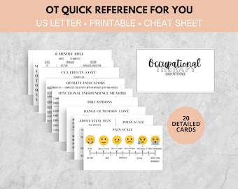 Peut inclure: Un ensemble de 20 cartes imprimables pour l'ergothérapie, avec un design noir et blanc et le texte "Occupational Therapy Quick Reference" et "20 Detailed Cards". Les cartes comprennent des informations sur la règle des 8 minutes, les effets de l'AVC, les indicateurs de qualité, la mesure de l'indépendance fonctionnelle, les précautions, l'amplitude des mouvements, les signes vitaux des adultes, l'échelle du pouls et l'échelle de la douleur.