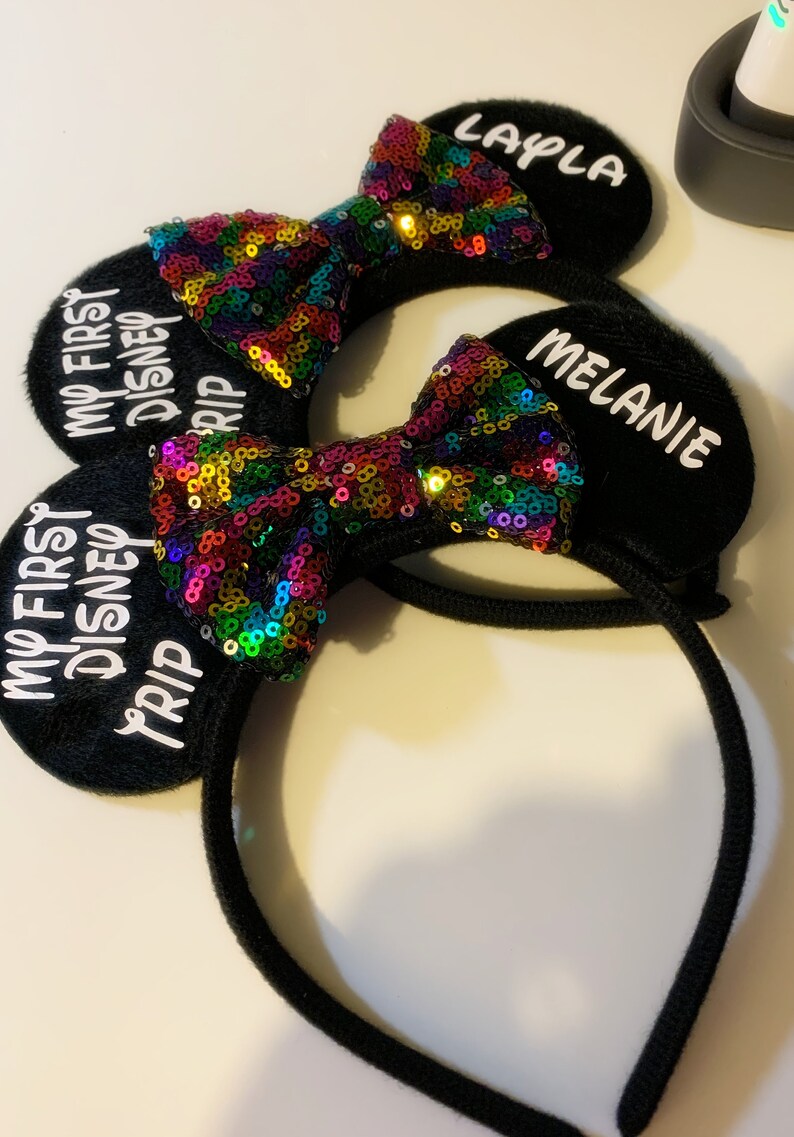 My first Disney Trip,Black Ears with Yellow or Purple Sequins Bow,One Size Ears,Minnie headband,Minnie Outfit,Black Minnie headband