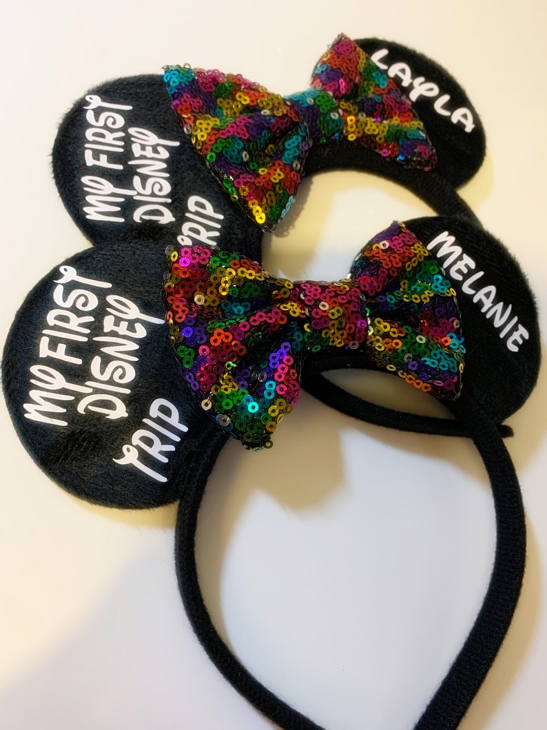 My first Disney Trip,Black Ears with Yellow or Purple Sequins Bow,One Size Ears,Minnie headband,Minnie Outfit,Black Minnie headband