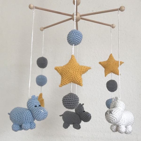 Mobile baby with crocheted hippos, balls and stars, 6 mobile arms