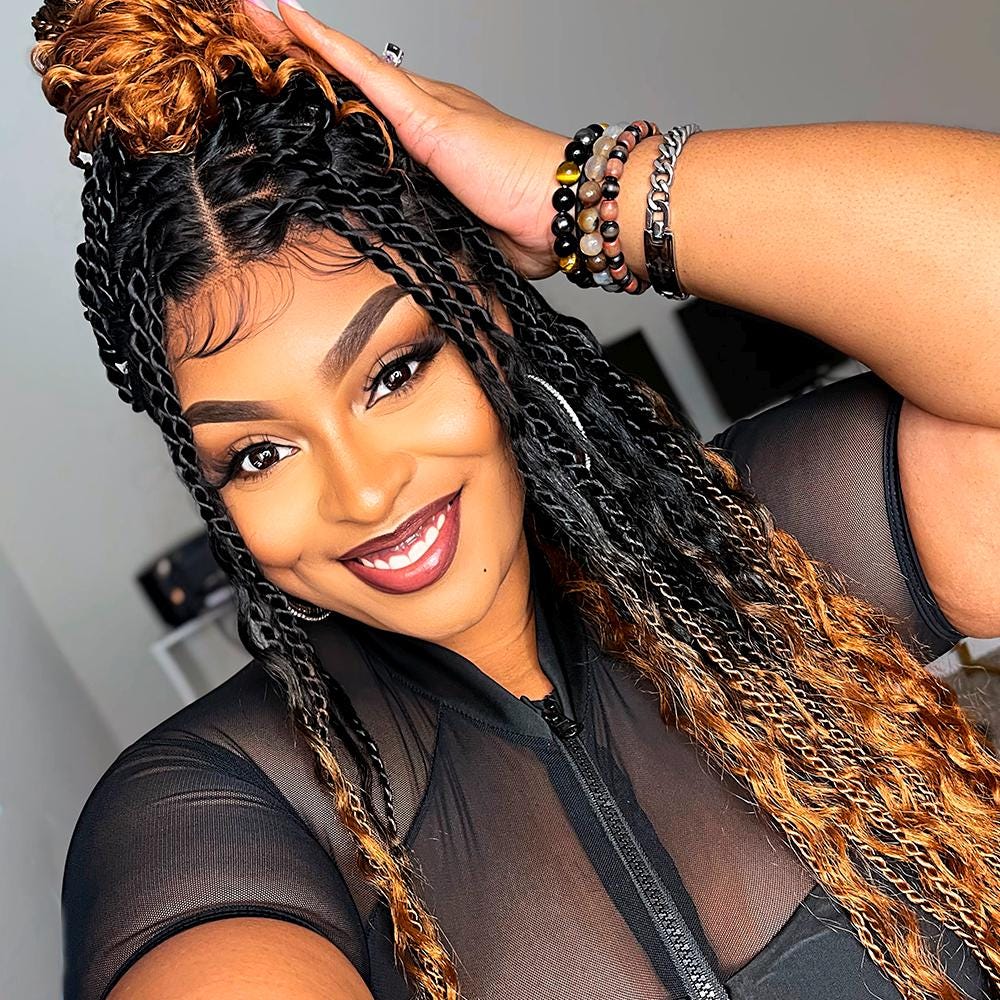 100% Handmade Tied & Handbraided  Boho Twist Braided Full Lace Wig Knotless Senegalese Twists With Curly Ends