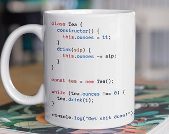 Kubek biały na zajęcia z herbaty JavaScript, kubek do programowania JavaScript, prezent dla programisty, kubek do herbaty dla programisty