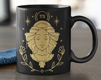 Taza de Virgo, regalos del zodiaco, taza de astrología, regalos de Virgo, regalo de cumpleaños del horóscopo para ella, taza de cumpleaños de Virgo para septiembre y agosto, taza de oro negro