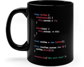 Javascript Black Coffee Mug, Web Developer Mug, Software Developer Gift, Coffee Cup, Js Programmer Coder Engineer Gift