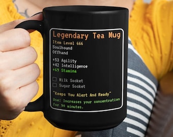 Legendary Tea Mug wow MMORPG Mug RPG Tea Stats Retro Gaming Mug Game Statistics Black MMO Mug