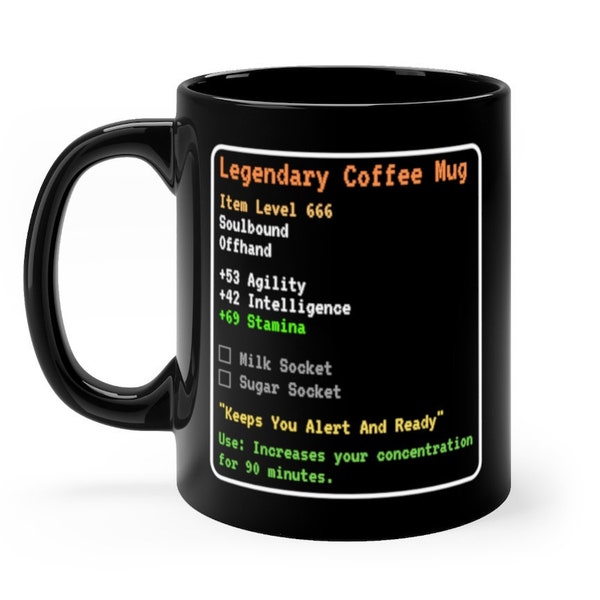 Gamer Mmorpg Mug Legendary Mug Gaming Warcraft Mug RPG Coffee Stats Mug Retro Gaming Legendary Coffee Mug Coffee Mug Game Statistics Black