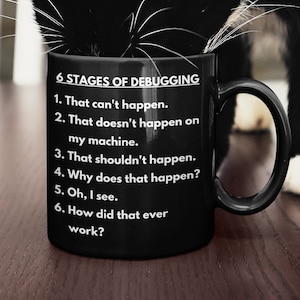 6 steg av felsökning, present till mjukvaruutvecklare, rolig nördpresent, kodningsskämtmugg, programmeringsmugg, present till datavetenskapsstudent, programvara