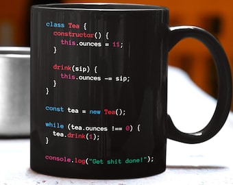 Javascript Black Tea Mug, Web Developer Mug, Software Developer Gift, Tea Cup, Js Programmer Tea Coder Engineer Gift