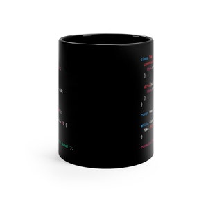 May include: Black ceramic mug featuring colourful code snippets. The text includes programming terms such as "class", "const", and "while". A great gift for programmers and coding enthusiasts.