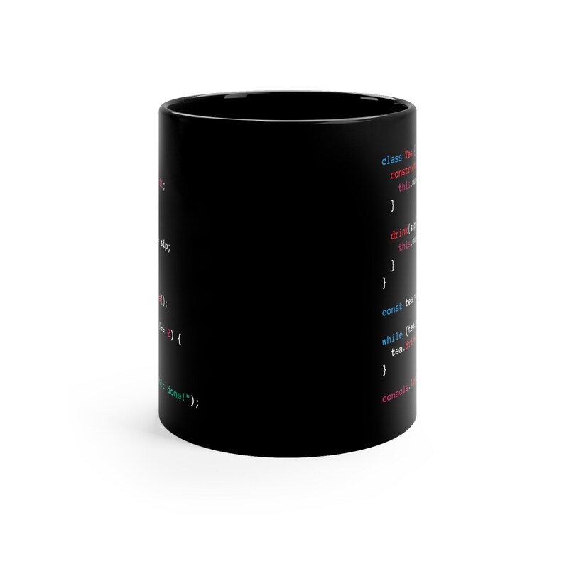 May include: Black ceramic mug featuring colourful code snippets. The text includes programming terms such as "class", "const", and "while". A great gift for programmers and coding enthusiasts.
