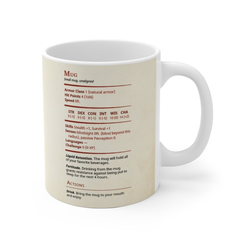 May include: White ceramic mug with a brown and white design. The mug has a character sheet with the title "MUG" and stats like "Armor Class 1", "Hit Points 4", and "Speed Oft."