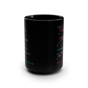May include: Black ceramic mug printed with computer code in red, blue, and white. The code relates to tea drinking. A humorous gift for programmers and tech lovers.