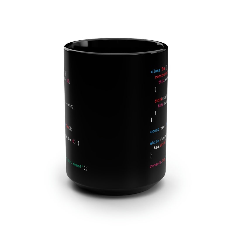 May include: Black ceramic mug printed with computer code in red, blue, and white. The code relates to tea drinking. A humorous gift for programmers and tech lovers.