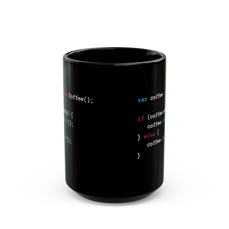 May include: Black coffee mug with a white code snippet that reads "Coffee();" and "var coffee if (coffee. coffee. } else { coffee. ".