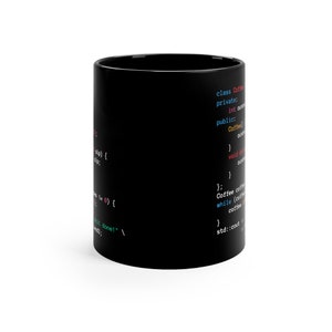 May include: Black coffee mug with a code snippet printed on it. The code is written in C++ and includes the text "class Coffee", "private", "int count", "public", "Coffee()", "void drink", "Coffee coffee", "while (coffee", "coffee", "std::cout".