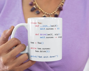 Taza blanca de clase de té Python, taza de programador, taza de código Python, regalo de desarrollador