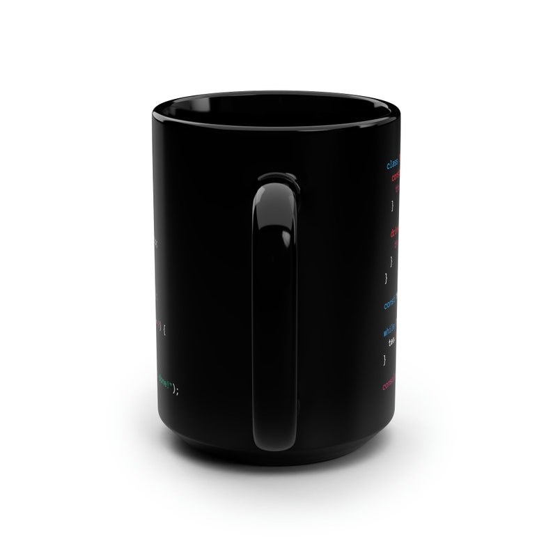 May include: Black coffee mug with a curved handle. The mug features lines of colourful code in blue, red, and green. The mug is a solid black colour.