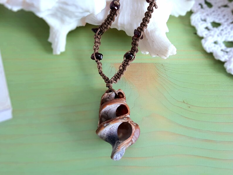 Adjustable Shell Necklace with Garnet on Hemp Cord