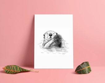 Sea otter artwork - urchin, sea animal, California ocean mammal - black and white drawing art print