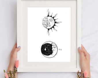 Sun and moon artwork -  Lunar and solar - black and white drawing art print