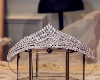 European Zircon Diamond Bridal Crown, Micro-Pave Princess Tiara, Elegant Wedding Headpiece for Bride