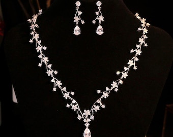 Zircon Floral Bridal Necklace and Earrings Set, Vine Design Wedding Jewelry