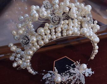 Handmade beaded crystal crown set, pearl bridal crown, bridal tiara, crystal wedding crown, pearl tiara.