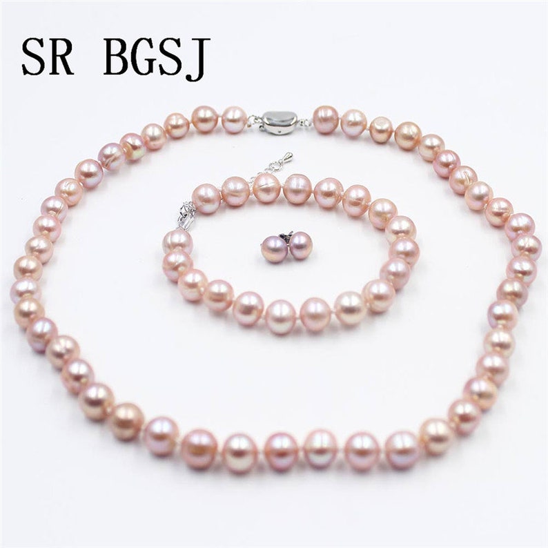 Handmade 6-7mm,7-8mm,8-9mm,9-10mm Natural Nearly Round Purple Freshwater Pearl Knot Jewelry Necklace Braclet Earrings Set