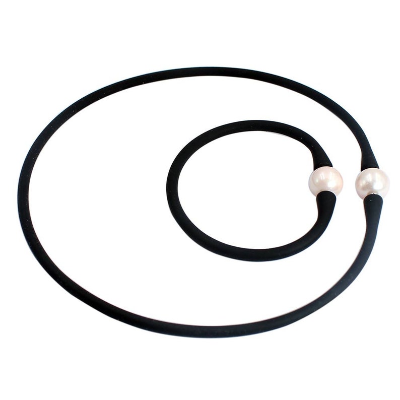 Natural 12mm Round Mother Of Pearl Shell Beads /& Black Silicone Rubber Stretch Necklace Bracelet Set