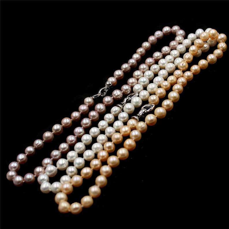 Handmade Natural 9-10mm AA Round White Pink Purple Freshwater Pearl Beads Copper Heart Clasp Knot Jewelry Necklace 18