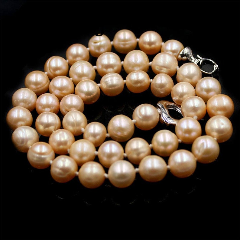 Handmade Natural 9-10mm AA Round White Pink Purple Freshwater Pearl Beads Copper Heart Clasp Knot Jewelry Necklace 18