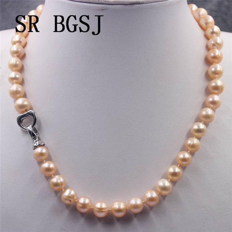 Handmade Natural 9-10mm AA Round White Pink Purple Freshwater Pearl Beads Copper Heart Clasp Knot Jewelry Necklace 18