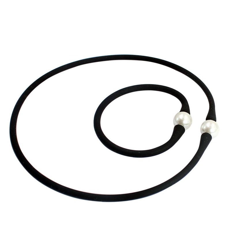 Natural 12mm Round Mother Of Pearl Shell Beads /& Black Silicone Rubber Stretch Necklace Bracelet Set