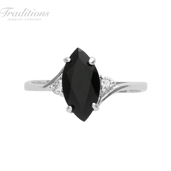 Sterling Silver Marquis cut genuine Onyx with Cubic zirconia accents