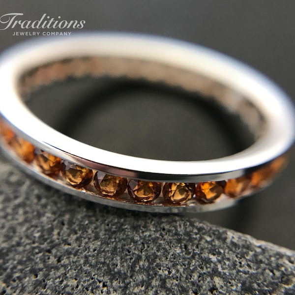 Traditions Semi-Precious Sterling Silver Channel-Set Brown Topaz November Birthstone Eternity Ring - stacking ring - engagement ring