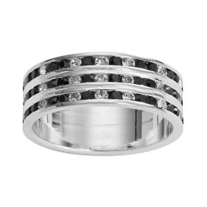 May include: A silver band ring with three rows of black and white gemstones.