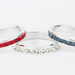 Swarovski Crystal 3 Ring Set in Red, White and Blue - Sterling Silver Channel Set - I Love America